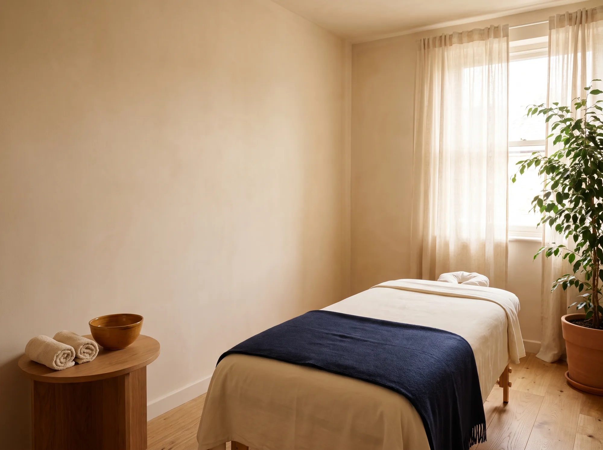 Calm treatment room in a small holistic wellness practice, with a made-up treatment table and soft natural light